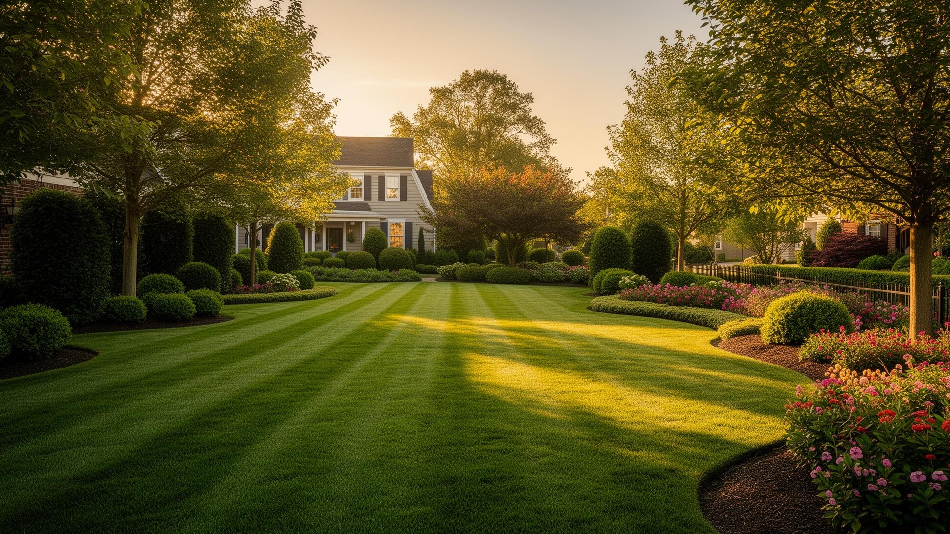 Beautifully maintained suburban lawn at golden hour
